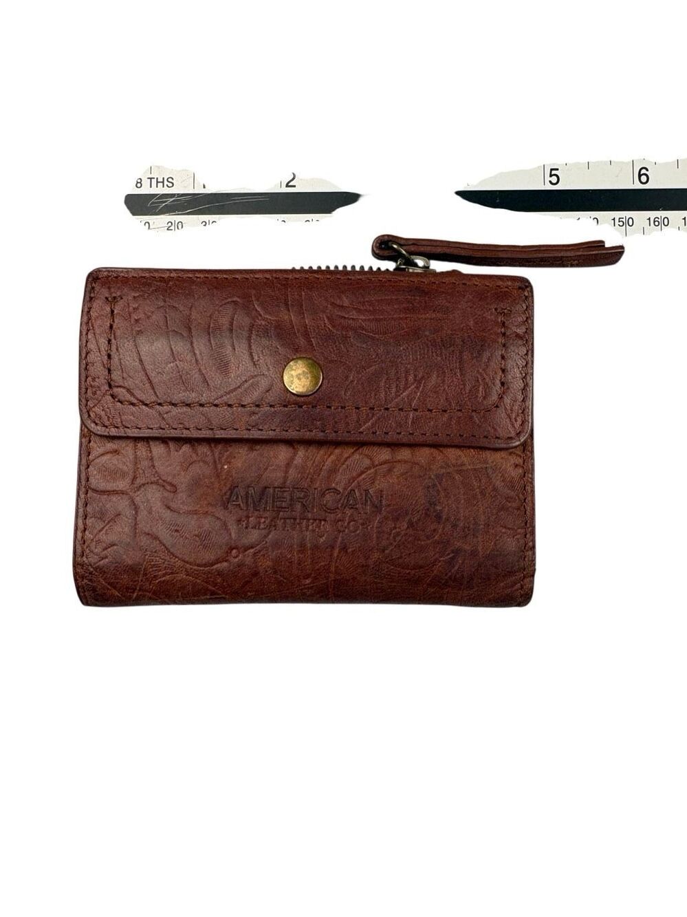 American Leather Co Brown Embossed Floral Leather Bifold Zip Wallet Card Holder